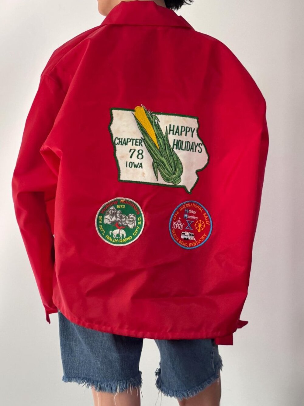 70s vintage red holiday rambler patches nylon rain windbreaker zip up jacket XL